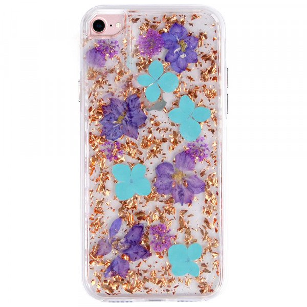 Wholesale iPhone 8 Plus / 7 Plus / 6S Plus / 6 Plus Luxury Glitter Dried Natural Flower Petal Clear Hybrid Case (Bronze Blue)
